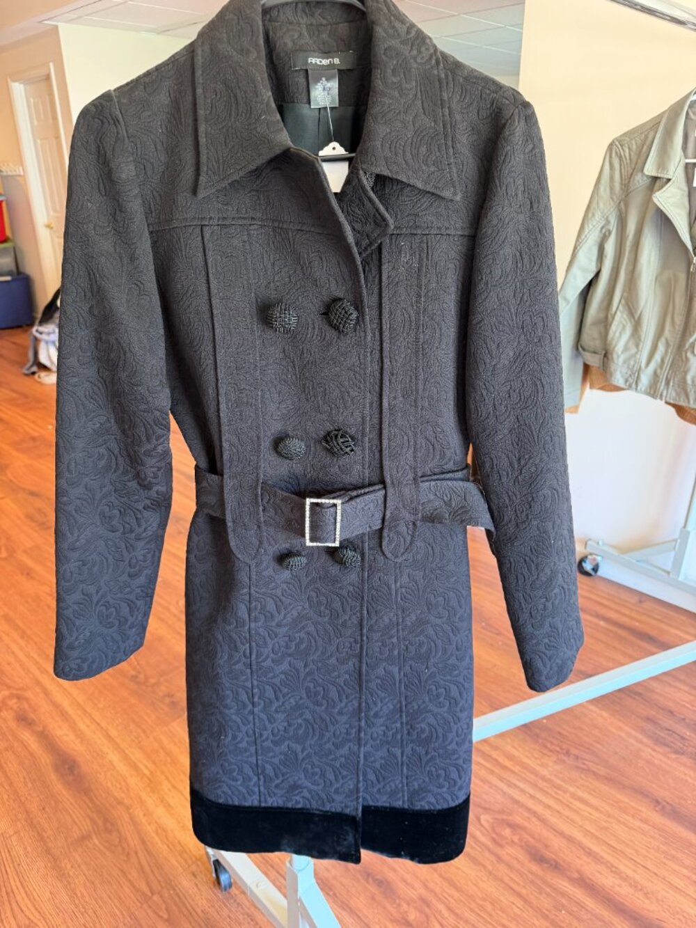 Arden B Black Brocade long pea coat with velvet trim - Size Medium
